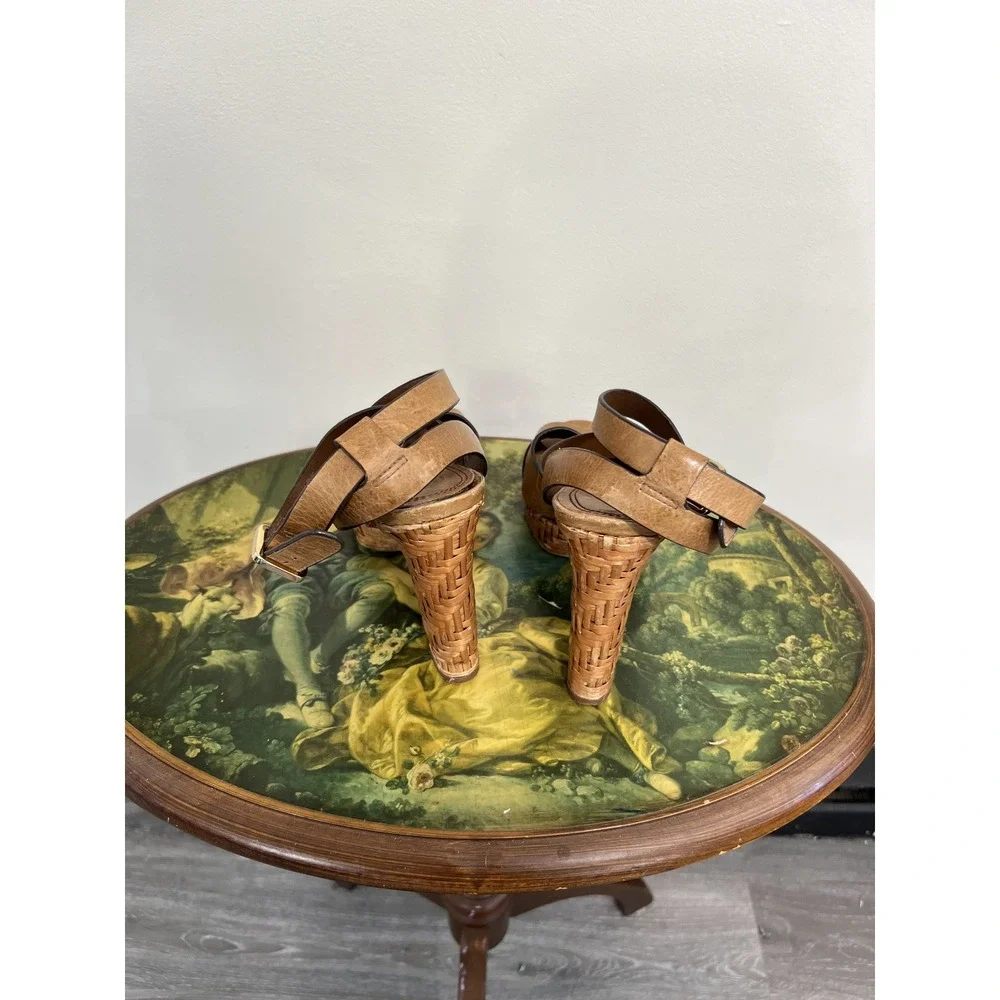 Tory Burch Tan Leather Woven Rattan Wood Platform High Heel Sandals Size 9.5